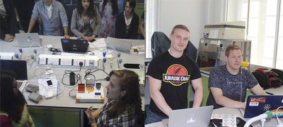 Left: Bethan Wolfenden, co-founder of the Bento Bio, showing off the Bento Lab. Right: Stephen O’Connell, Assistant Director of IndieBio EU, with Trevor Nicks, the CSO of algae drink startup Spira. P.S. Nice tee, Stephen… (Credit: CUTEC)