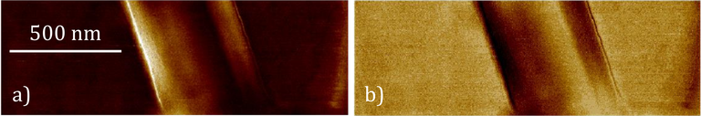 Figure 3: Piezo-Force microscopy a) amplitude and b) phase images of an individual PLLA nanowire