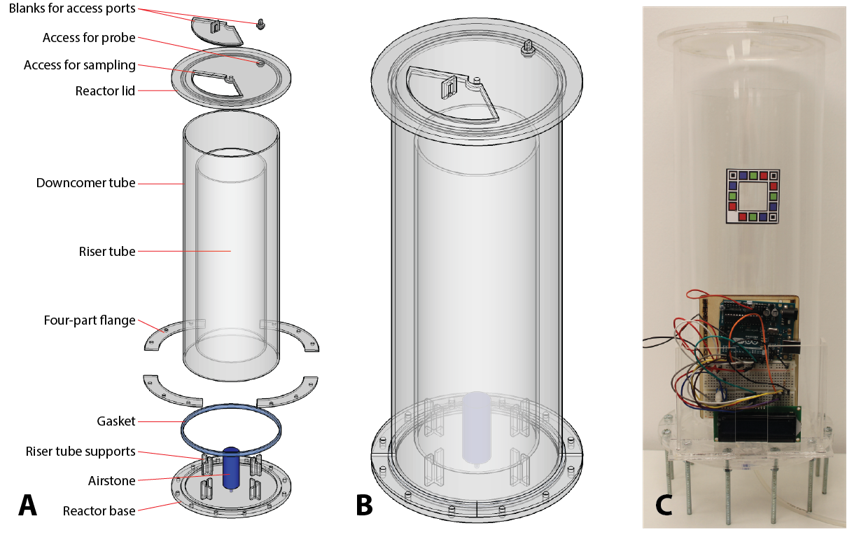 Figure 1: The design of the airlift photobioreactor; (A) a CAD model of the exploded view of the reactor and its components; (B) a CAD model of the assembled reactor; (C) the reactor assembled in the laboratory with the cell counting calibration win…