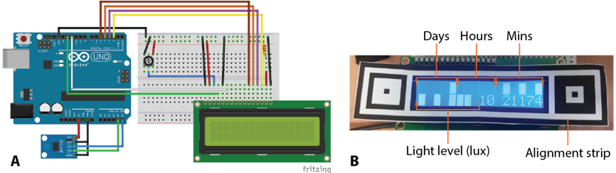 Figure 2: Arduino-based meter for measuring ambient light; (A) the circuit comprising an Arduino Uno, LCD and BH1750 breakout board; (B) the LCD display showing the current light level and duration of the experiment in binary.