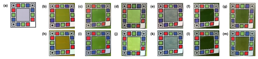 Figure 3 demonstrates the effect the normalization algorithm has on a selection of six images. The pixels from the coloured squares in the reference image (Figure 1a) are used to train a Gaussian process model for each colour channel within each ima…