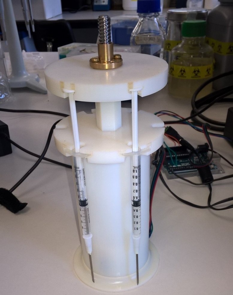 Figure 4: Final assembly of the Syringe Pump with 1ml BD Plastipak syringes attached.