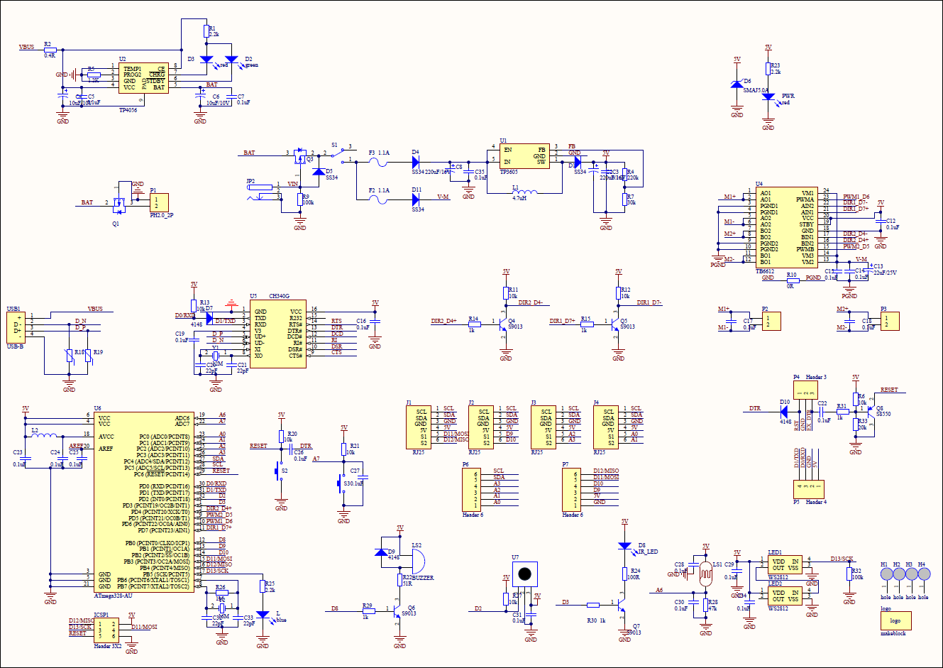Circuit diagram for the mCore control board of the mBot