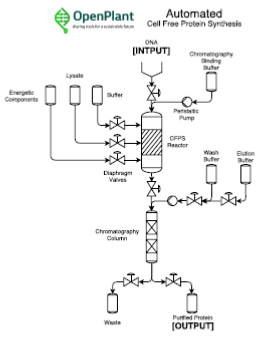 Figure 1: Process flow diagram illustrating basic design of the device. The upper section combines the components required for CFPS in a single reaction chamber. The lower section purifies newly synthesized protein using chromatography. 96 of these …