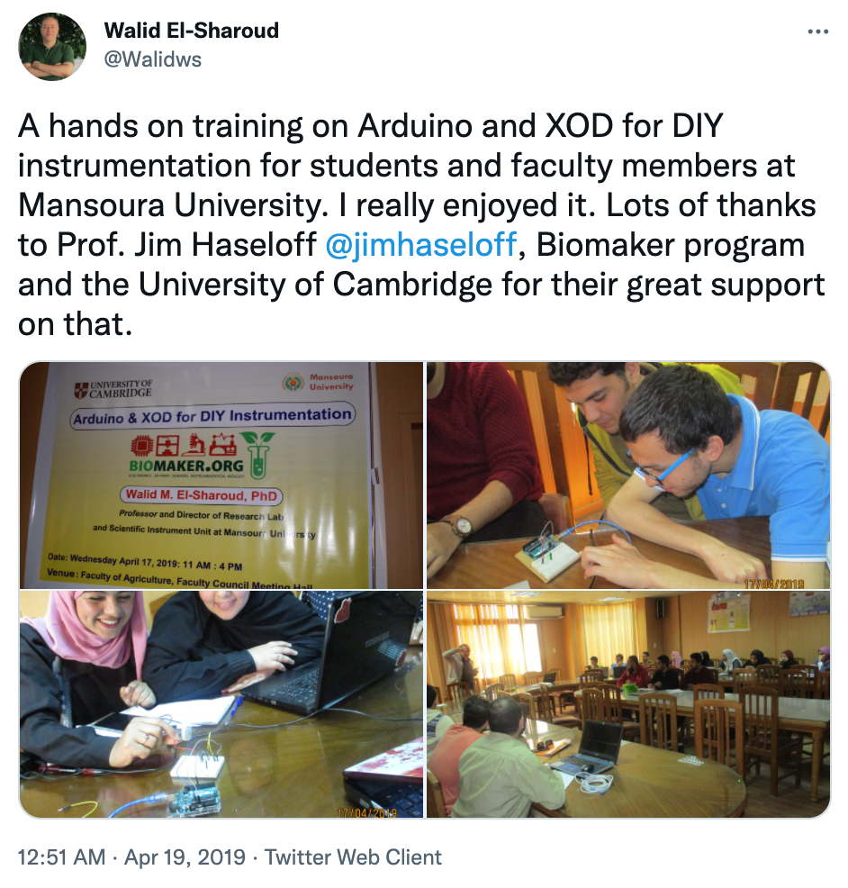 A hands on training on Arduino and XOD for DIY instrumentation for students and faculty members at Mansoura University. I really enjoyed it. Lots of thanks to Prof. Jim Haseloff @jimhaseloff, Biomaker program and the University of Cambridge for their great support on that.Walid El-Sharoud @Walidws | Apr 19, 2019