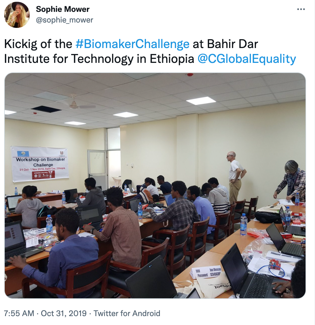 Kickig of the #BiomakerChallenge at Bahir Dar Institute for Technology in Ethiopia @CGlobalEqualitySophie Mower @sophie_mower | Oct 31, 2019