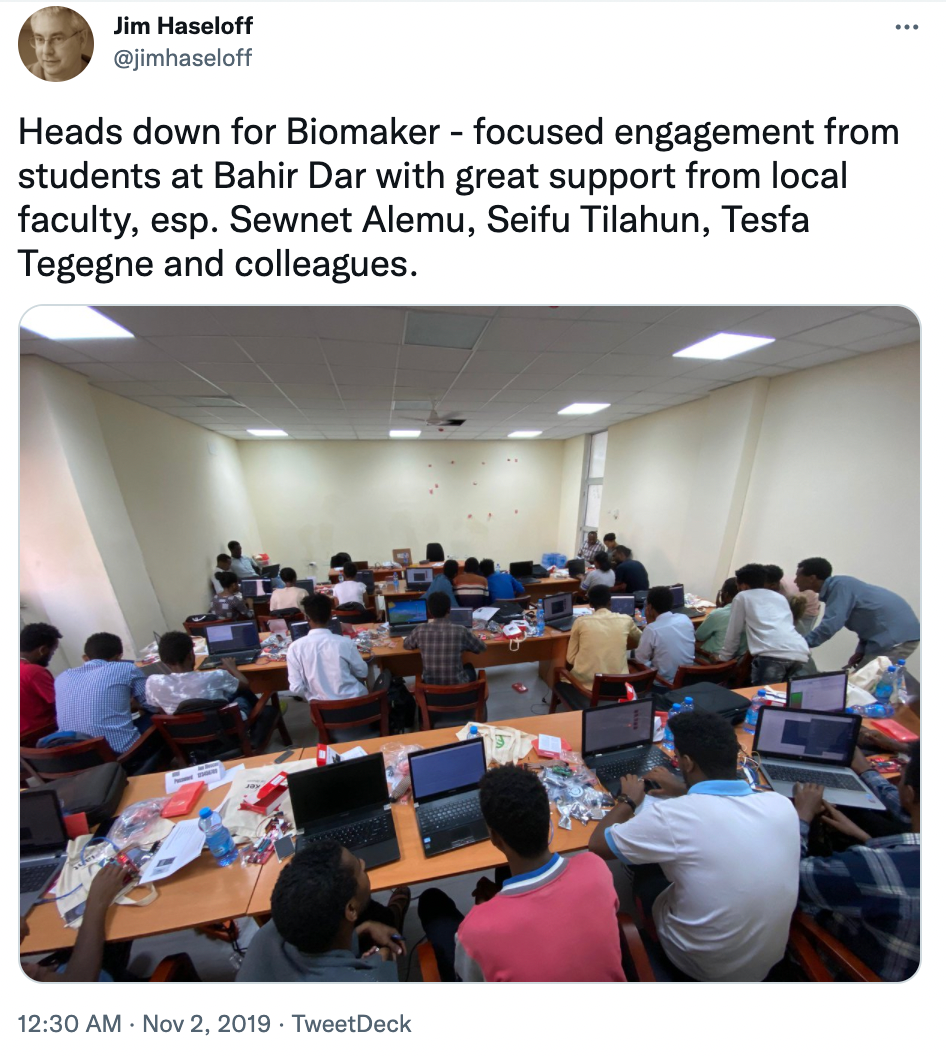 Heads down for Biomaker - focused engagement from students at Bahir Dar with great support from local faculty, esp. Sewnet Alemu, Seifu Tilahun, Tesfa Tegegne and colleagues.Jim Haseloff @jimhaseloff | Nov 2, 2019
