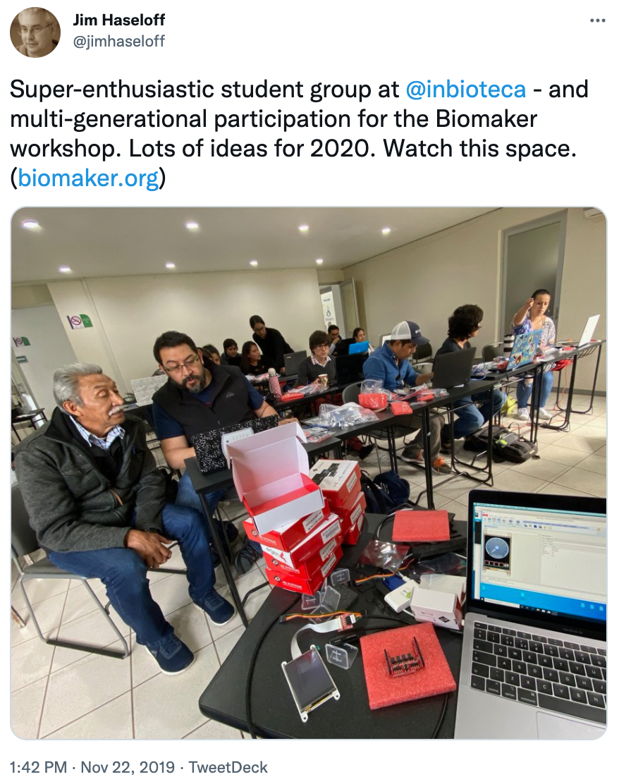 Super-enthusiastic student group at @inbioteca - and multi-generational participation for the Biomaker workshop. Lots of ideas for 2020. Watch this space. (https://biomaker.org)Jim Haseloff @jimhaseloff | Nov 22, 2019
